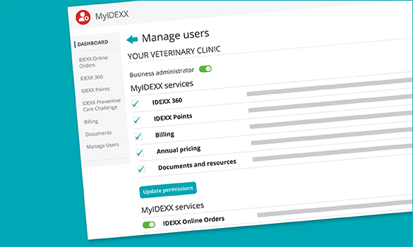 MYIDEXX administrator dashboard showing the Manage Users page