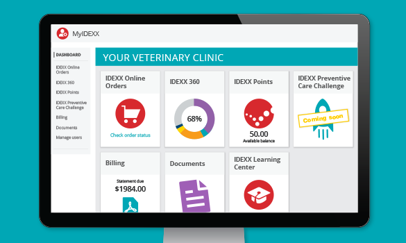 MYIDEXX administrator dashboard for Canada customers shown on a monitor - IDEXX Preventive Care Challenge Coming Soon