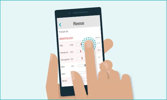 Graphic of smartphone displaying VetConnect Plus diagnostic test results.