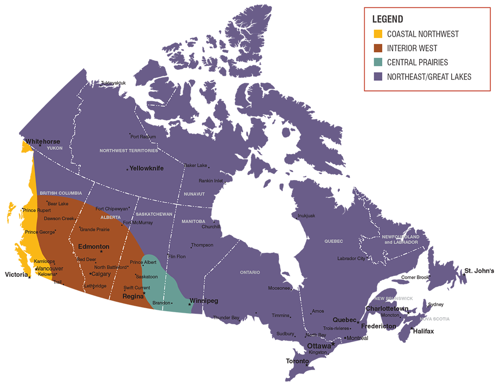 Map of Canada regions with location labels.