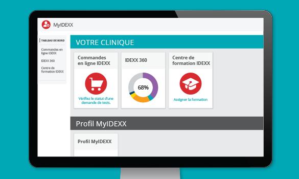 MYIDEXX administrator dashboard in French shown on a monitor